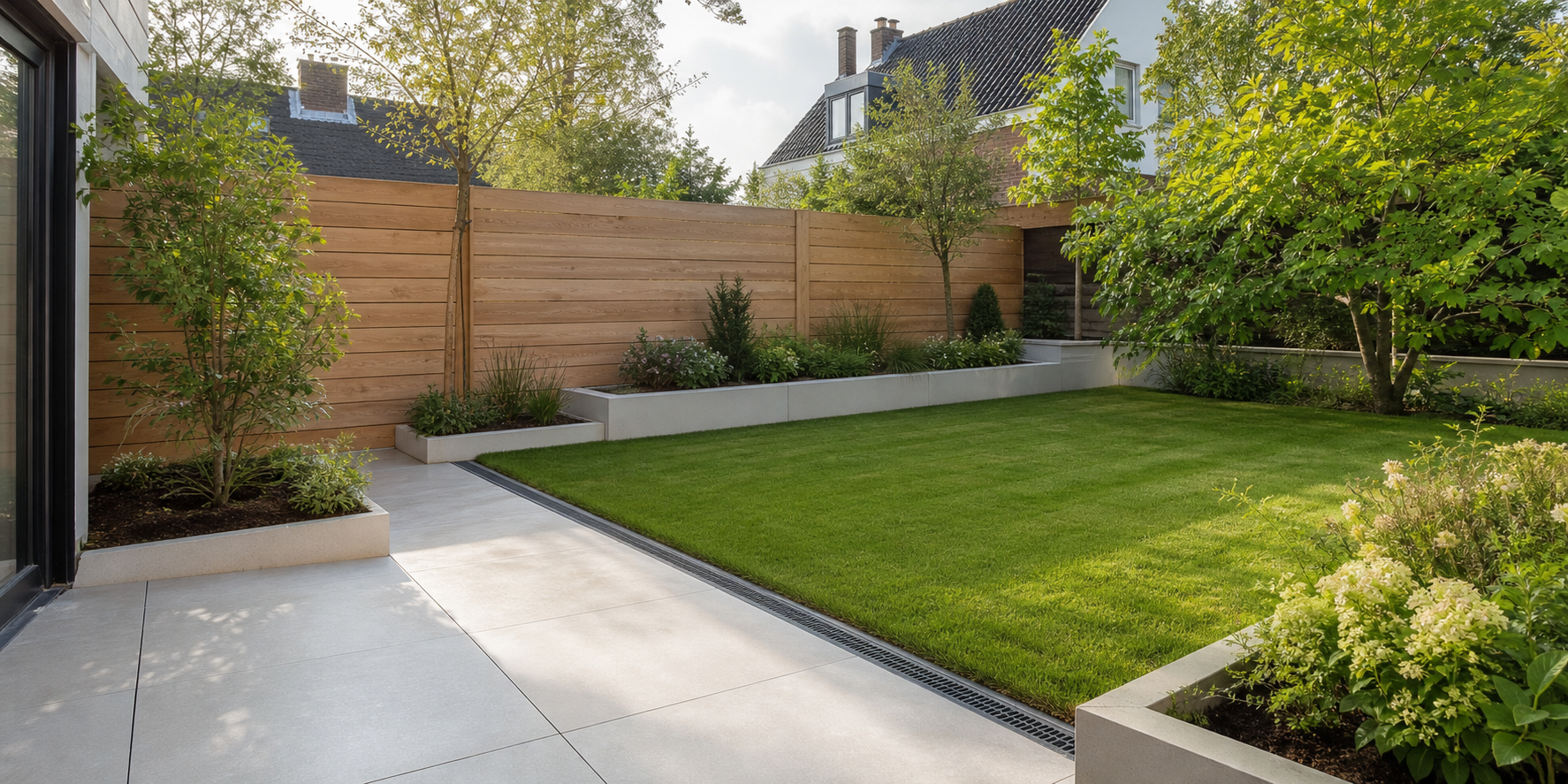 Strak aangelegde tuin met gazon, bestrating en houten schutting